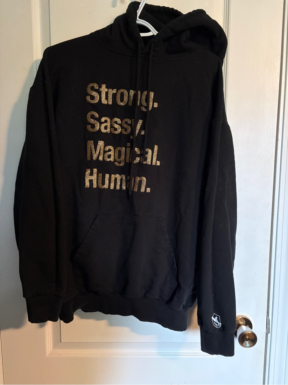 Black Hoodie and Sweats with Gold Glitter Text - Strong. Sassy. Magical. Human.